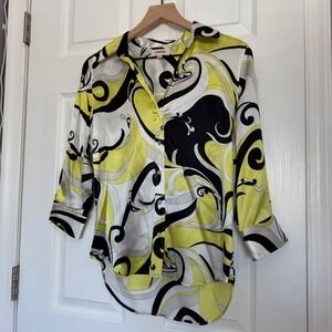 L'AGENCE Silk Button Down Blouse XS Lime Yellow Black Psychedelic Swirl Print